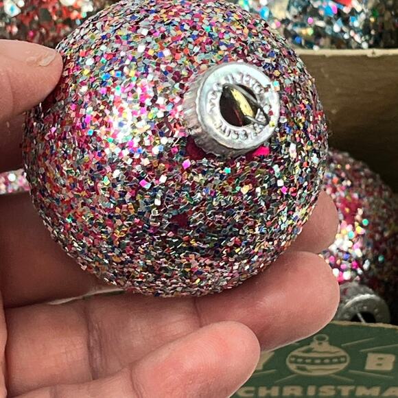 Vtg Decorated Shiny Brite Glitter Shard Glass Ornaments Set of 12 Mixed USA - Picture 11 of 16